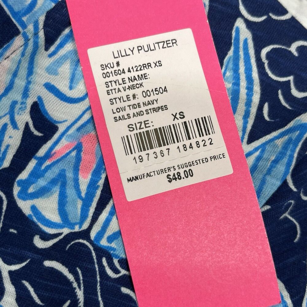 Lilly Pulitzer Top Etta V-neck Sz XS Low Tide Navy Sails & Stripes Coastal Boats - Picture 5 of 7